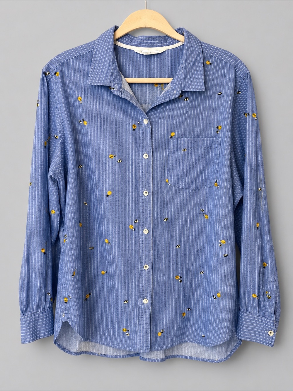 Old Navy Blue Pinstripe Pineapple avocado Button Front Shirt Women’s